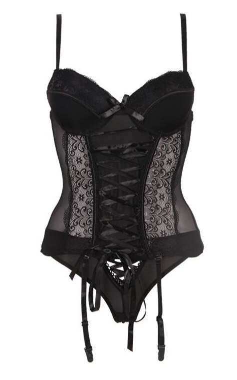 F5390-2Lace Mesh Bustiers With Garters And Thong